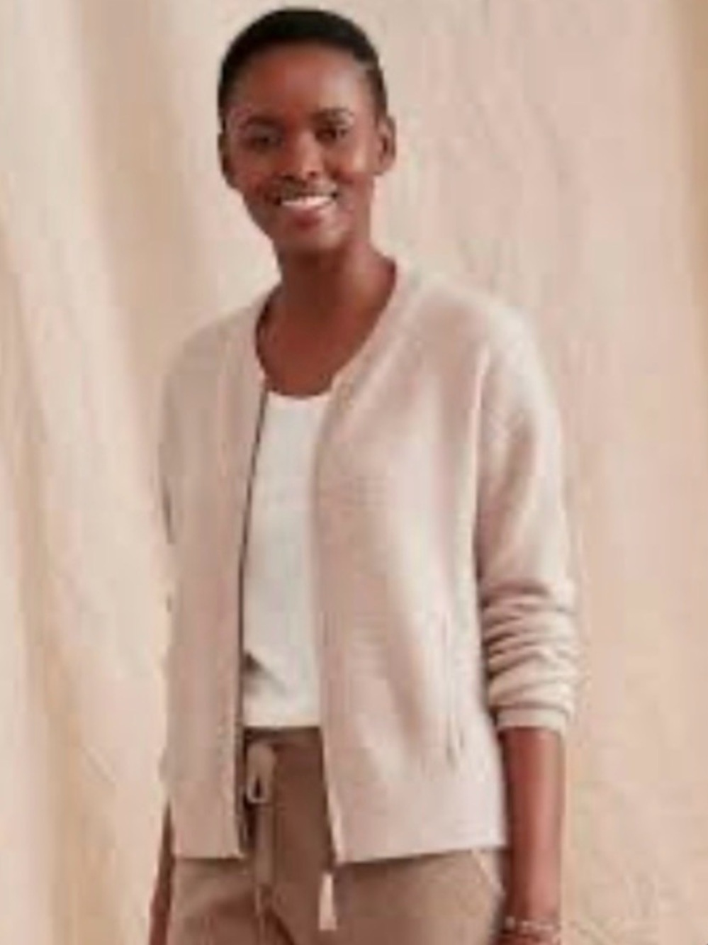 Garnet Hill L (12-14) Washable-Cashmere Bomber Cardigan, Heathered Oat